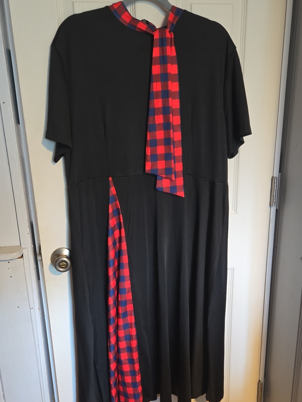 Black Midi Dress with Red & Navy Buffalo Plaid Accents